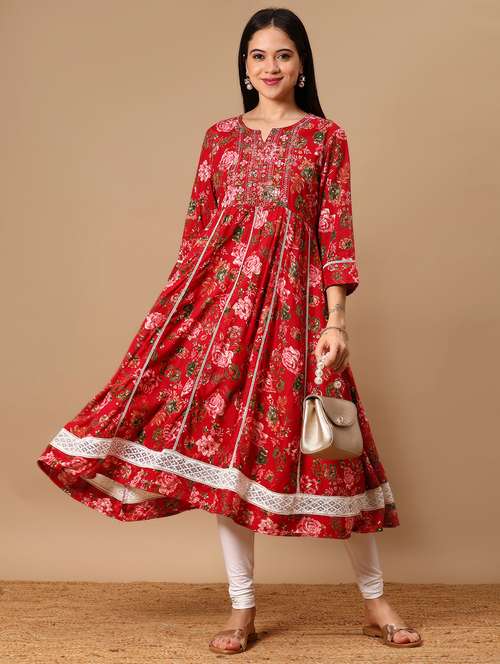 women floral printed three quarter sleeve anarkali kurta - 22165579 -  Standard Image - 0