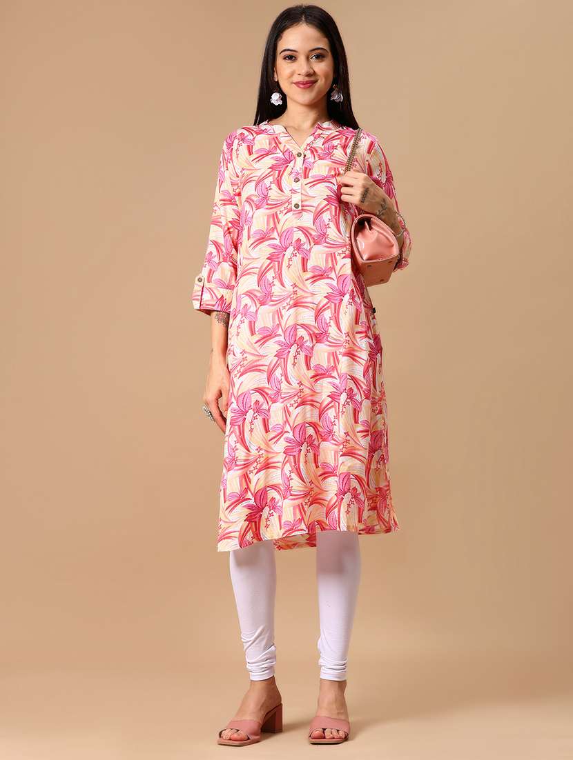 women floral printed three quarter sleeve straight kurta