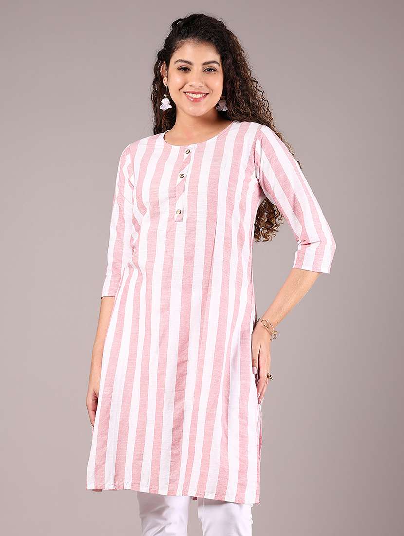 women striped three quarter sleeve straight kurta