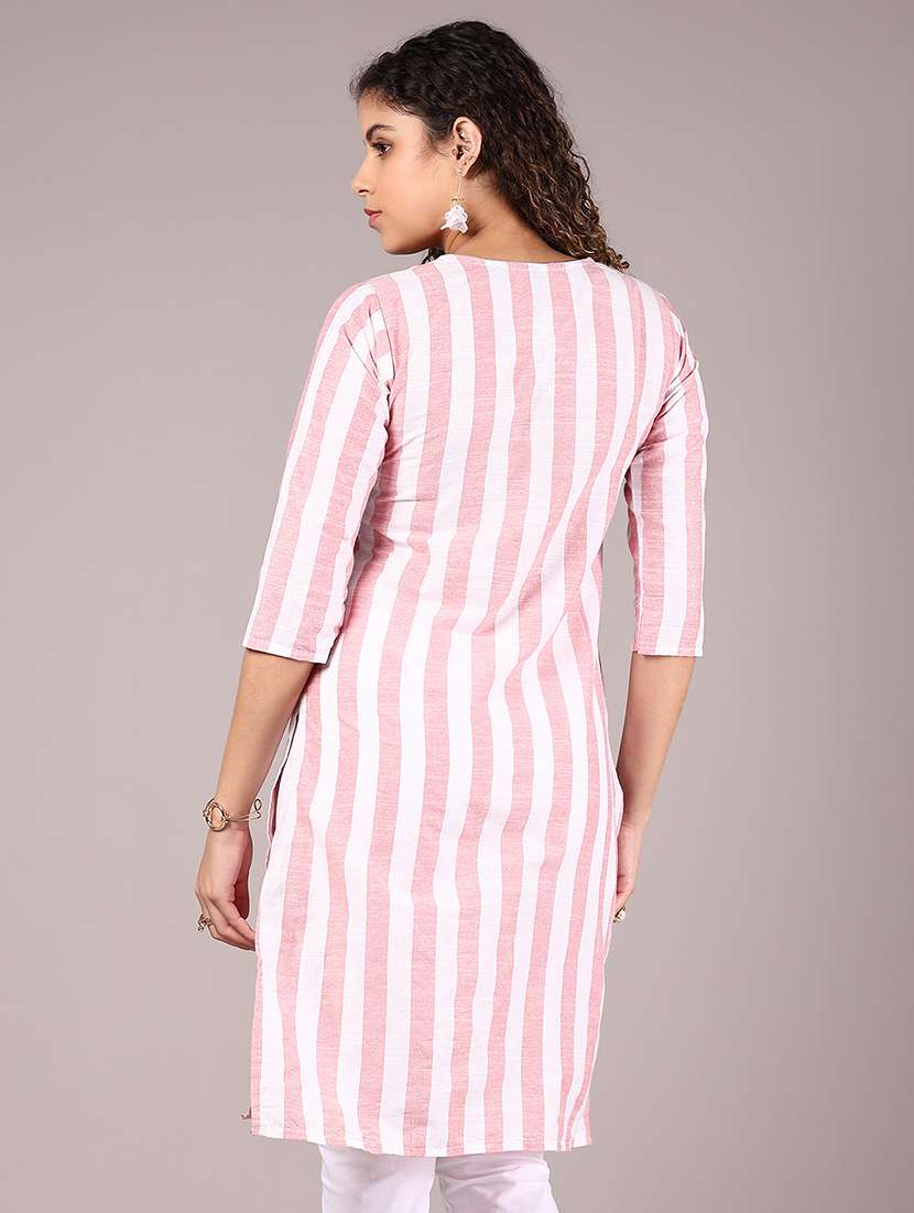 women striped three quarter sleeve straight kurta - 22165582 -  Standard Image - 3