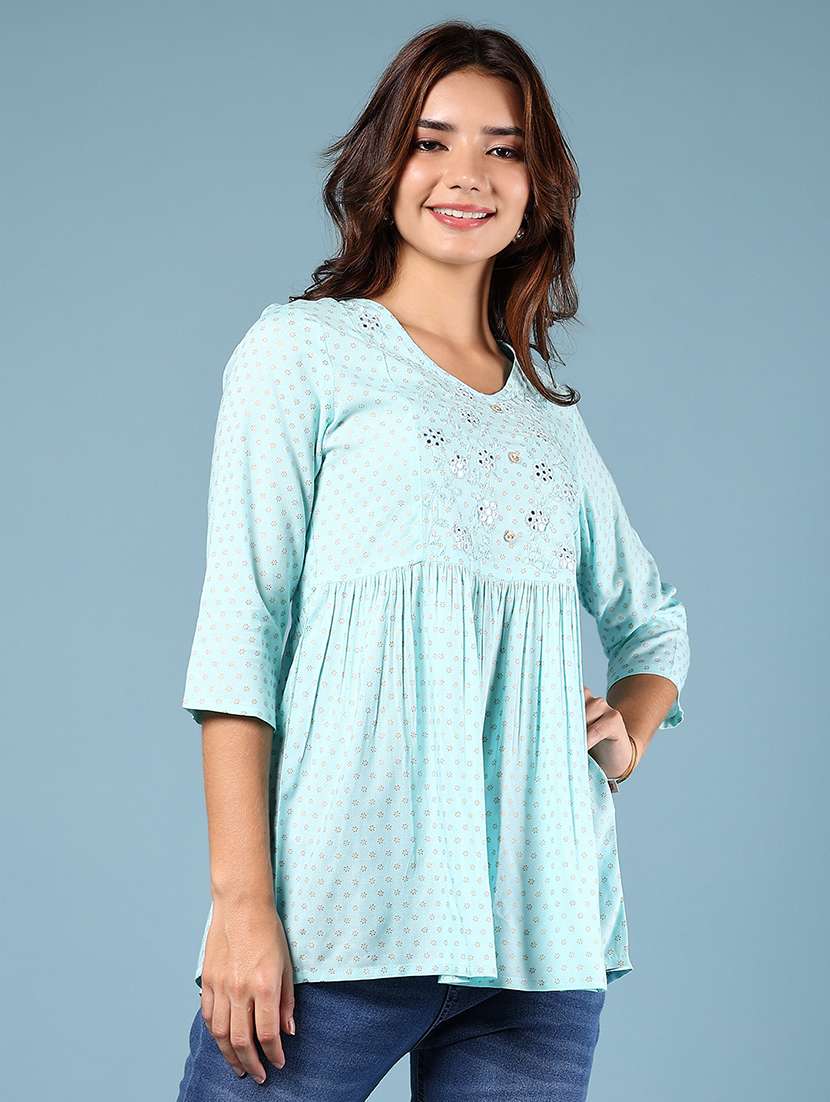 women printed three quarter sleeve flared kurti