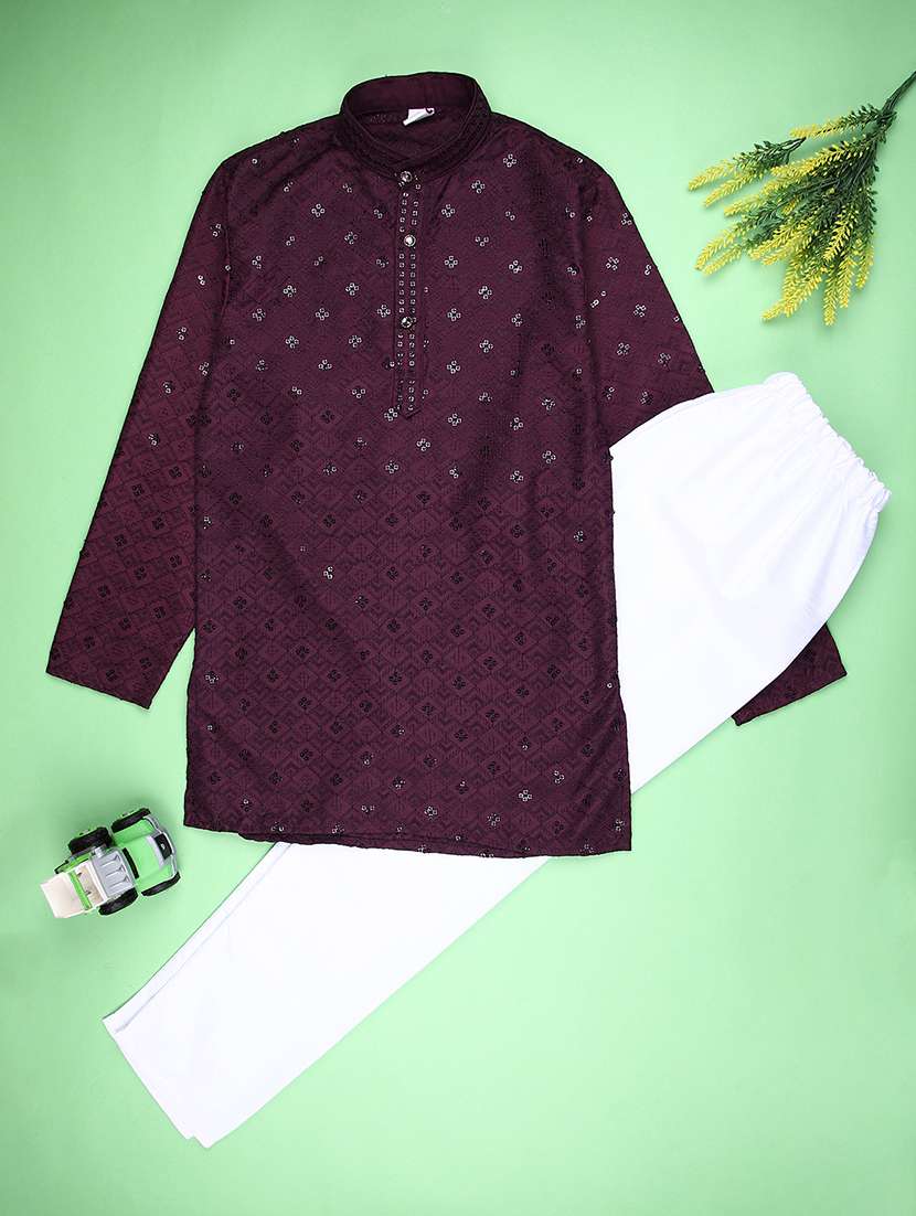 boys embroidered long sleeve kurta and pyjama set