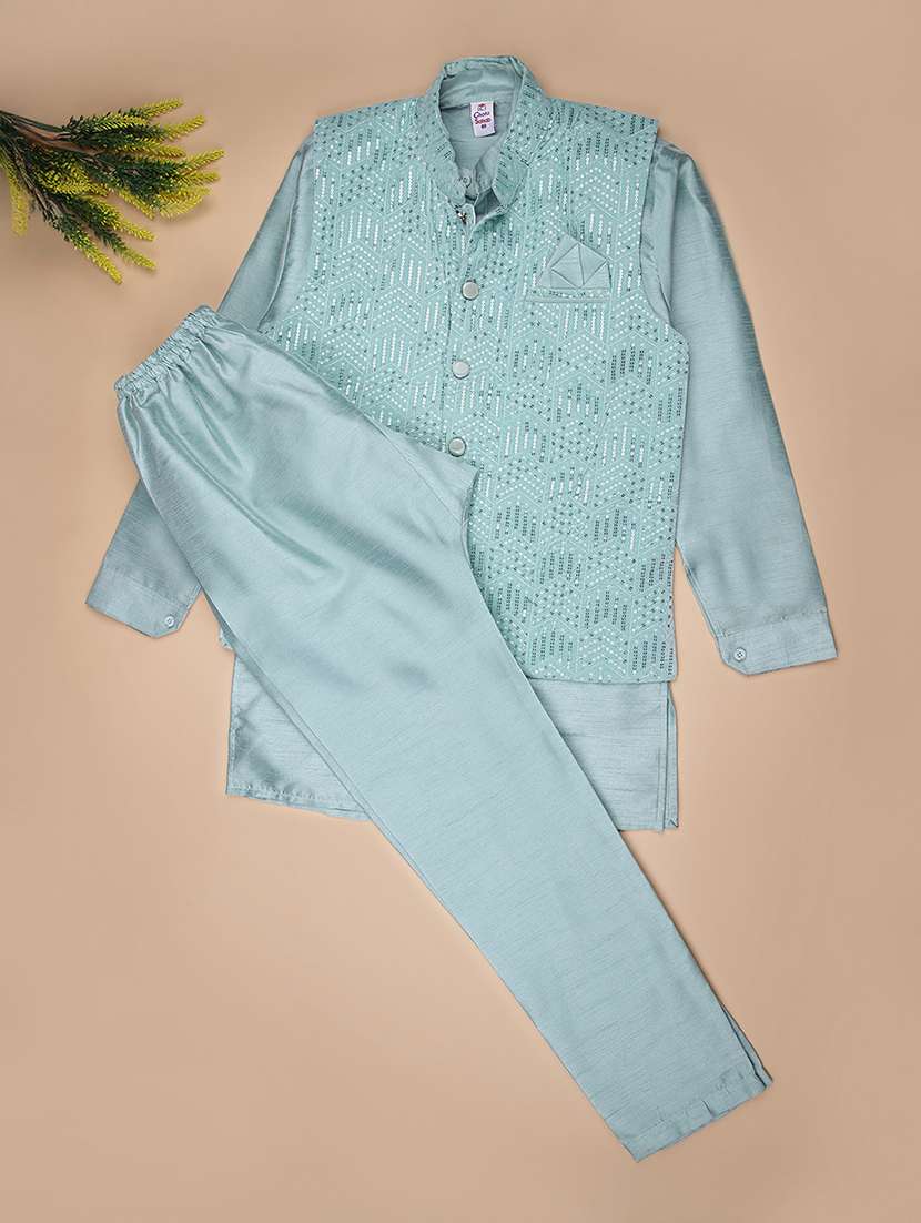 boys embroidered kurta and pyjama set with jacket