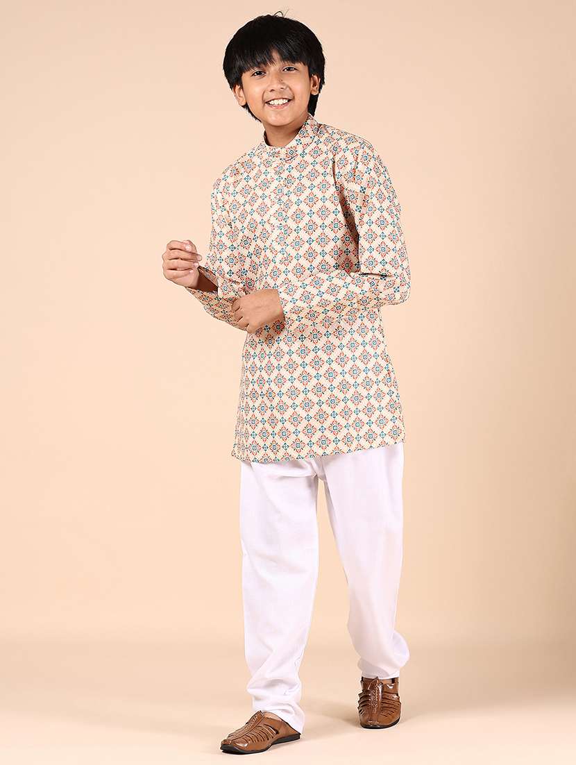 boys printed long sleeve kurta and pyjama set