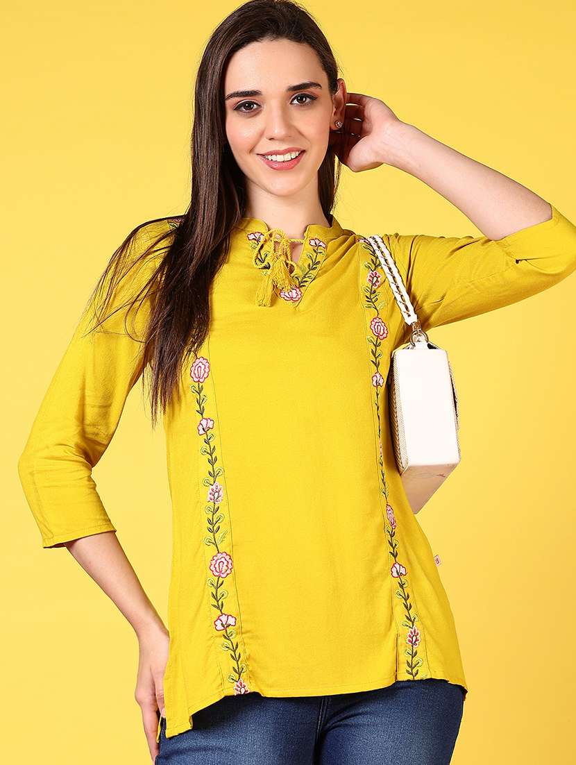 women solid with work three quarter sleeve straight kurti
