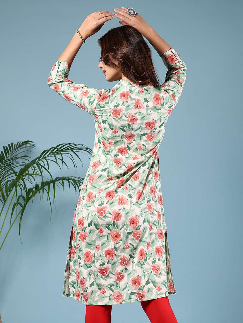 women floral printed three quarter sleeve straight kurta - 22166130 -  Standard Image - 3