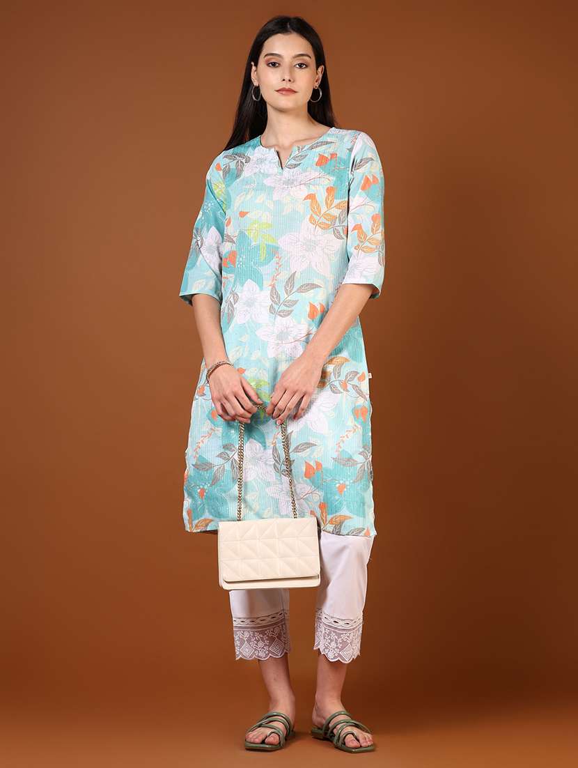 women floral printed three quarter sleeve straight kurta - 22166338 -  Standard Image - 3
