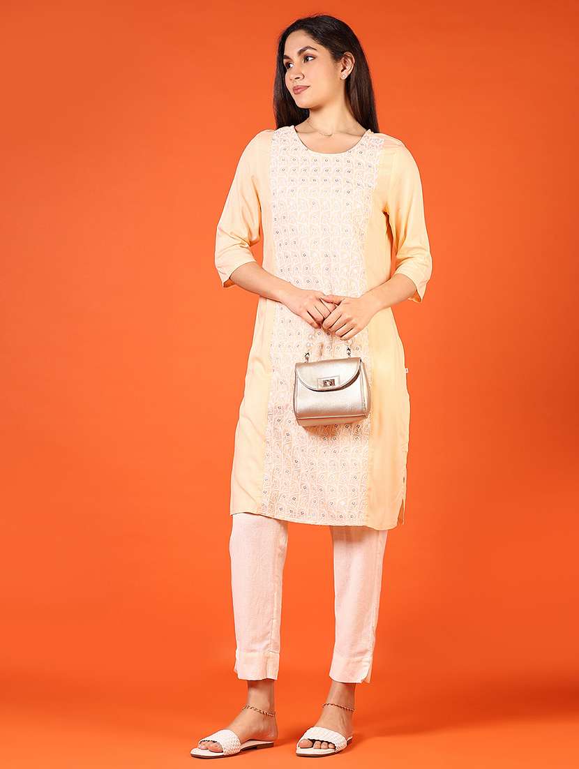 women solid with work three quarter sleeve straight kurta - 22166339 -  Standard Image - 3