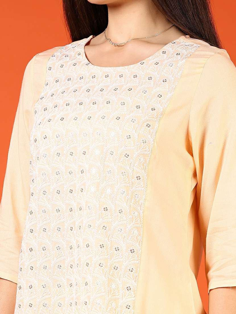 women solid with work three quarter sleeve straight kurta - 22166339 -  Standard Image - 5