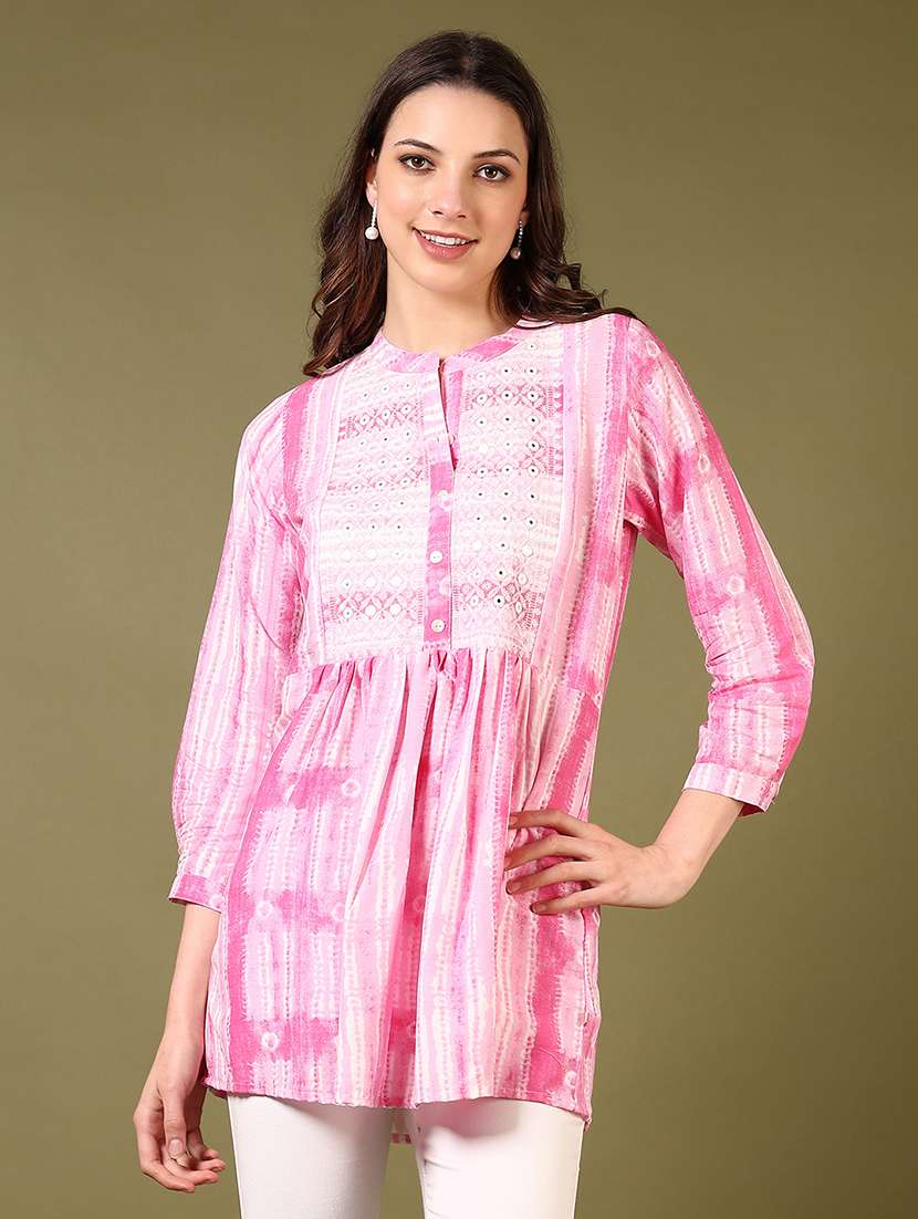 women printed three quarter sleeve a-line kurti