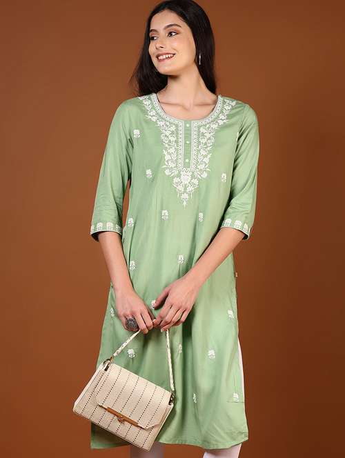 women solid with work three quarter sleeve straight kurta - 22166544 -  Standard Image - 0