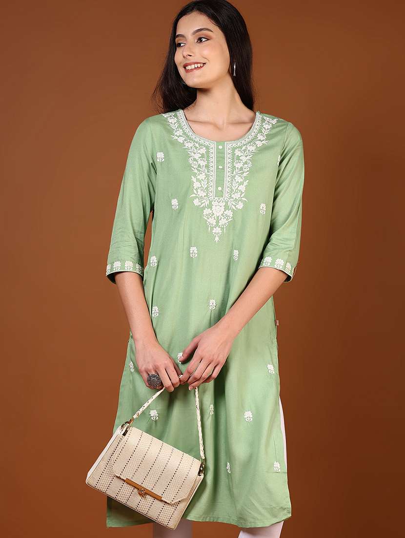 women solid with work three quarter sleeve straight kurta - 22166544 -  Zoom Image - 0