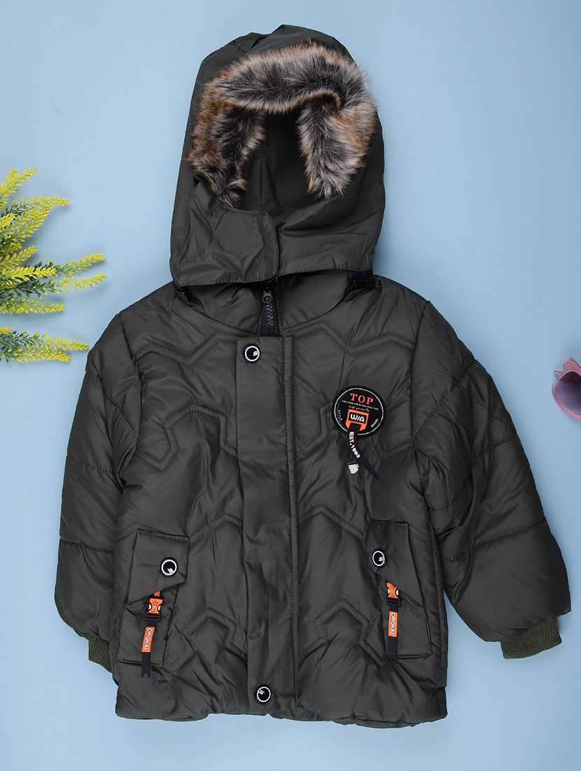 boys solid long sleeve hooded quilted jacket