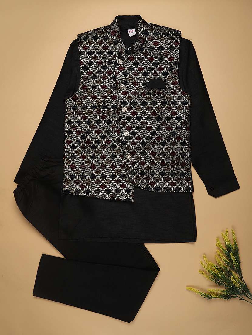 boys embroidered kurta and pyjama set with jacket