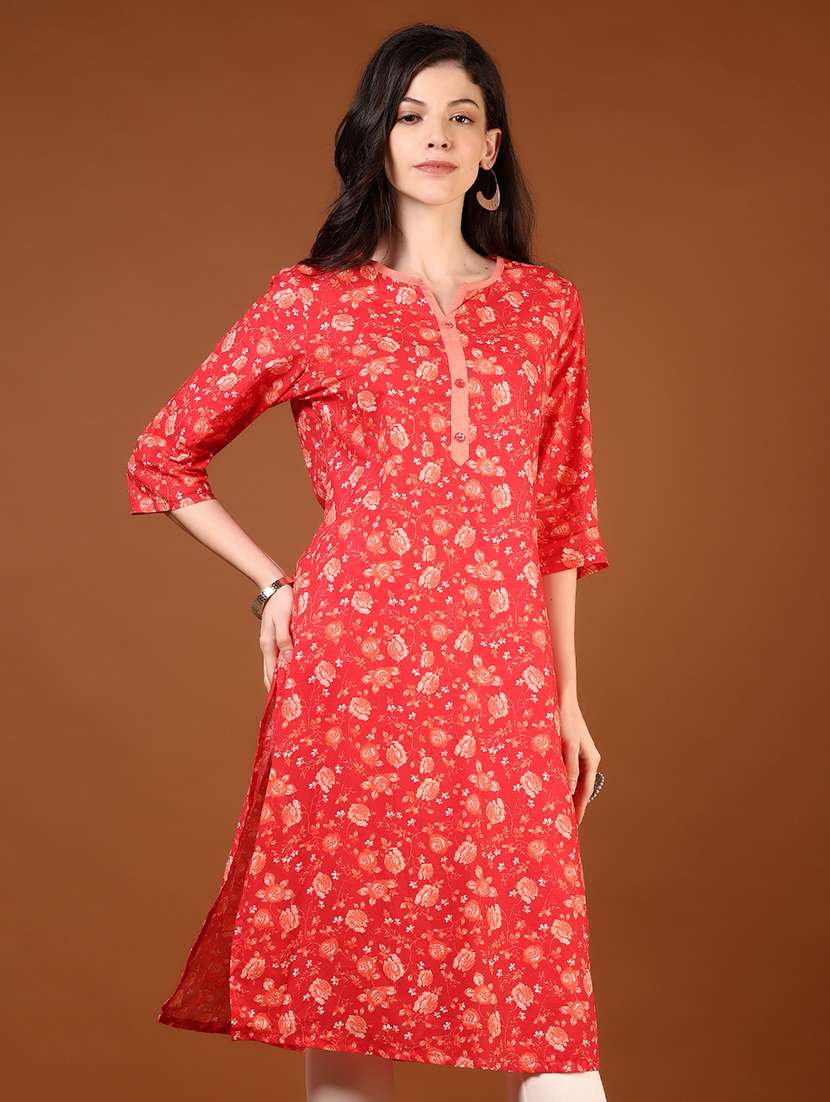 women floral printed three quarter sleeve straight kurta - 22166847 -  Zoom Image - 0