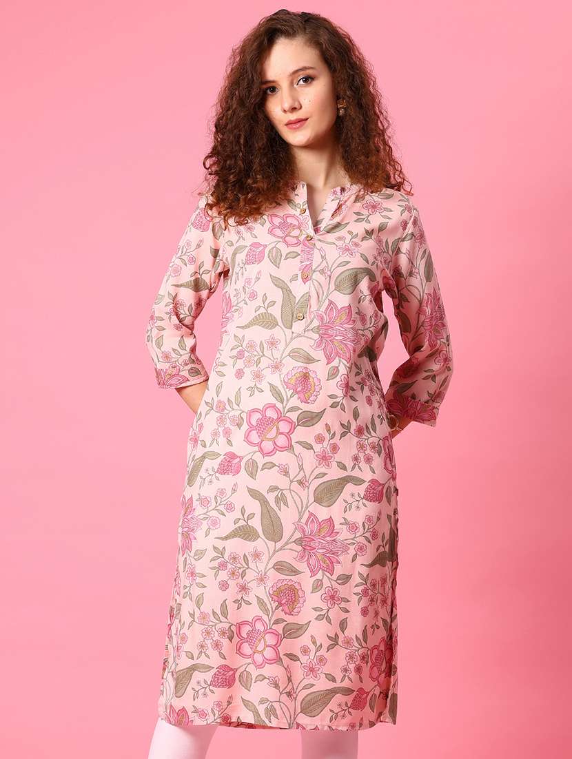 women floral printed three quarter sleeve straight kurta