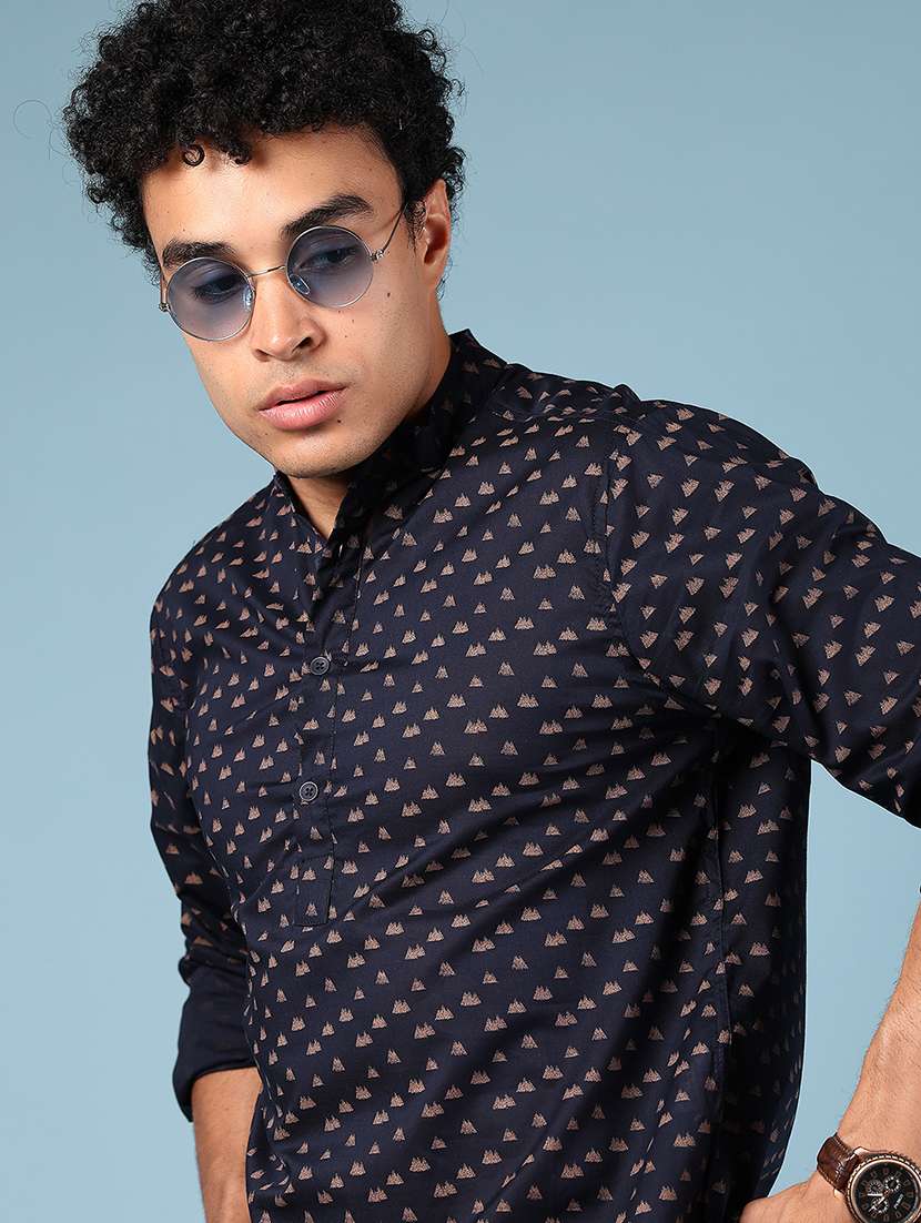 men printed mandarin neck short kurta