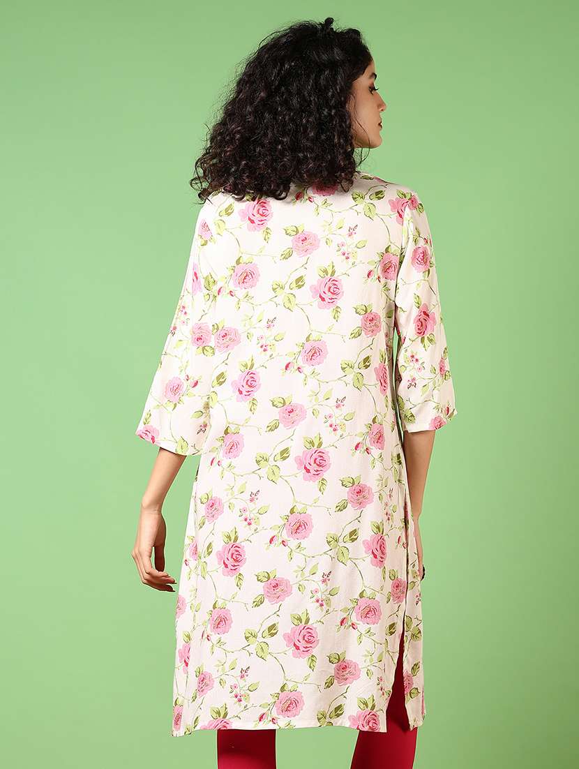 women floral printed three quarter sleeve straight kurta - 22167192 -  Standard Image - 3