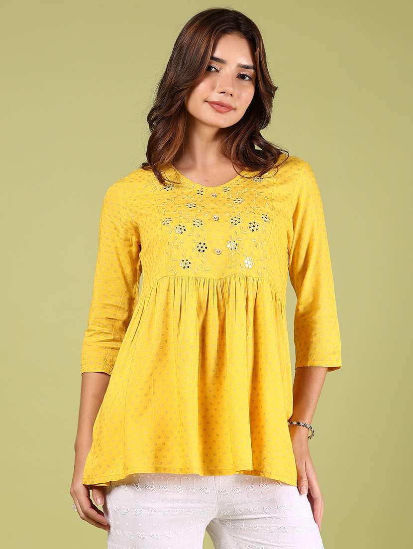 women printed three quarter sleeve flared kurti