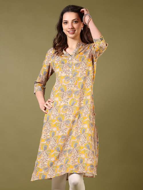 women floral printed three quarter sleeve straight kurta - 22167650 -  Standard Image - 0