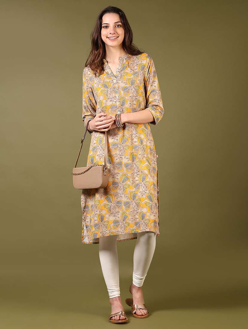 women floral printed three quarter sleeve straight kurta - 22167650 -  Standard Image - 3