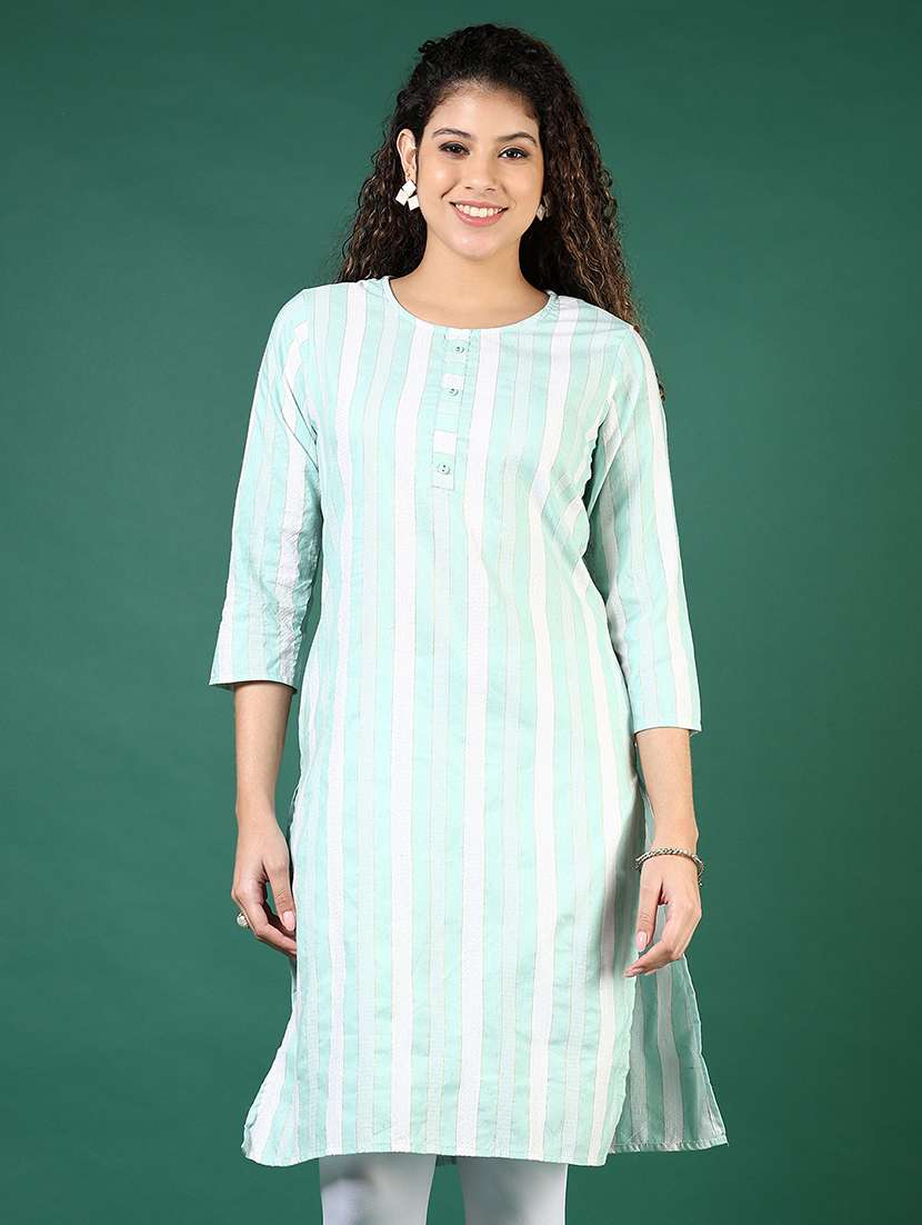 women striped three quarter sleeve straight kurta