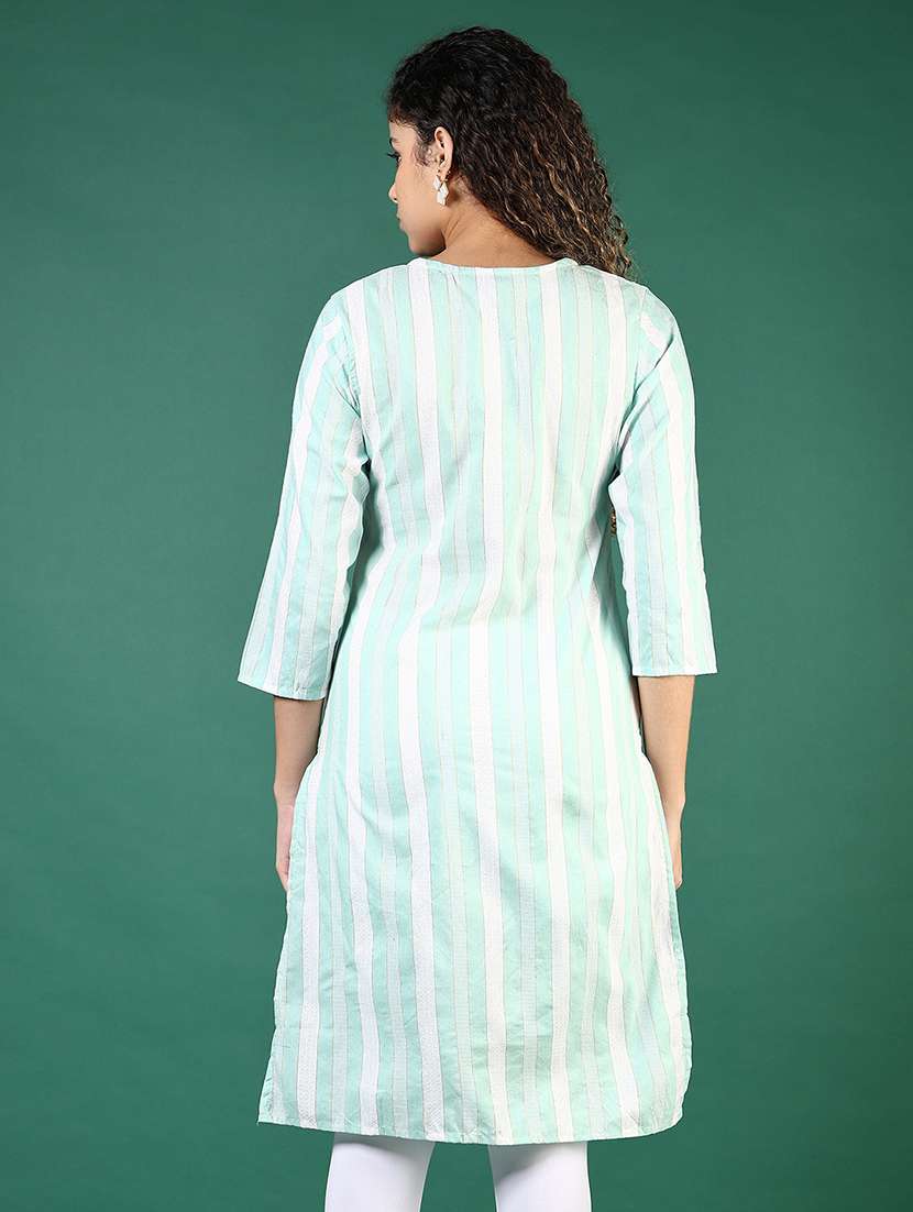 women striped three quarter sleeve straight kurta - 22167652 -  Standard Image - 3