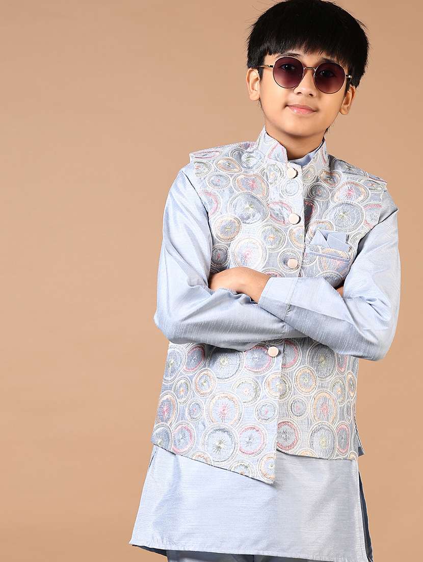 boys embroidered kurta and pyjama set with jacket - 22167817 -  Standard Image - 3