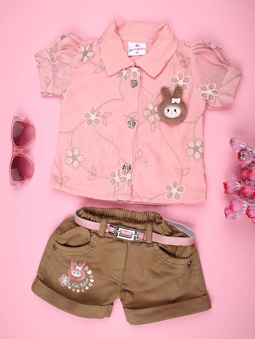 girls embroidered top and shorts co-ord set