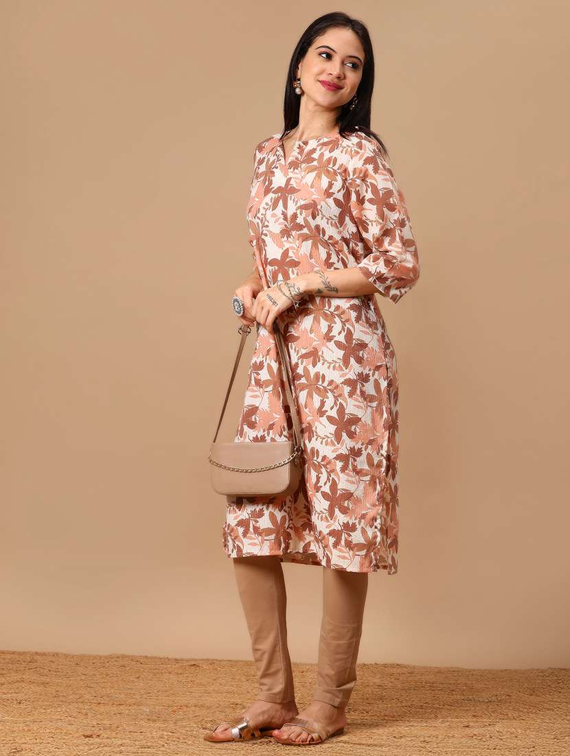 women floral printed three quarter sleeve straight kurta - 22167943 -  Standard Image - 3