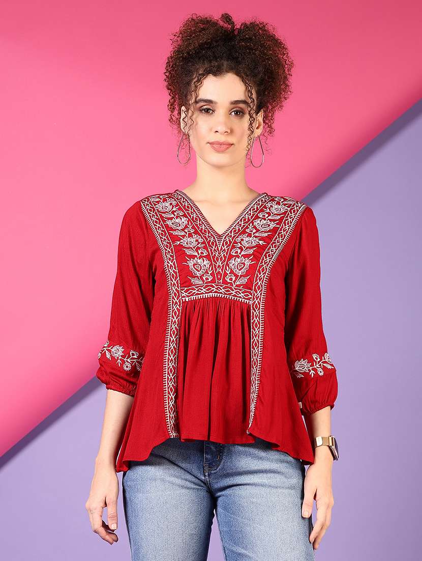 women solid with work three quarter sleeve a-line kurti