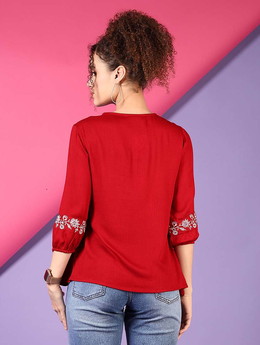 women solid with work three quarter sleeve a-line kurti - 22168008 -  Standard Image - 3