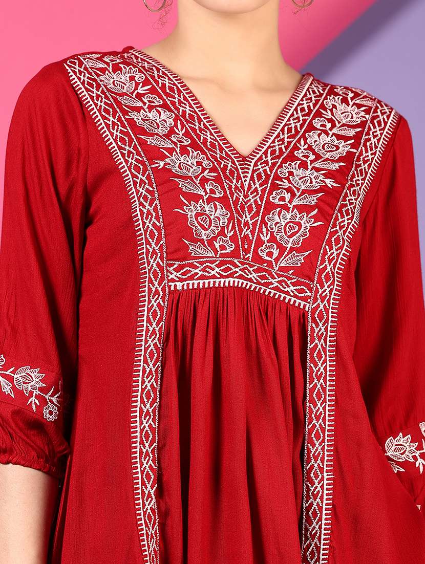women solid with work three quarter sleeve a-line kurti - 22168008 -  Standard Image - 5