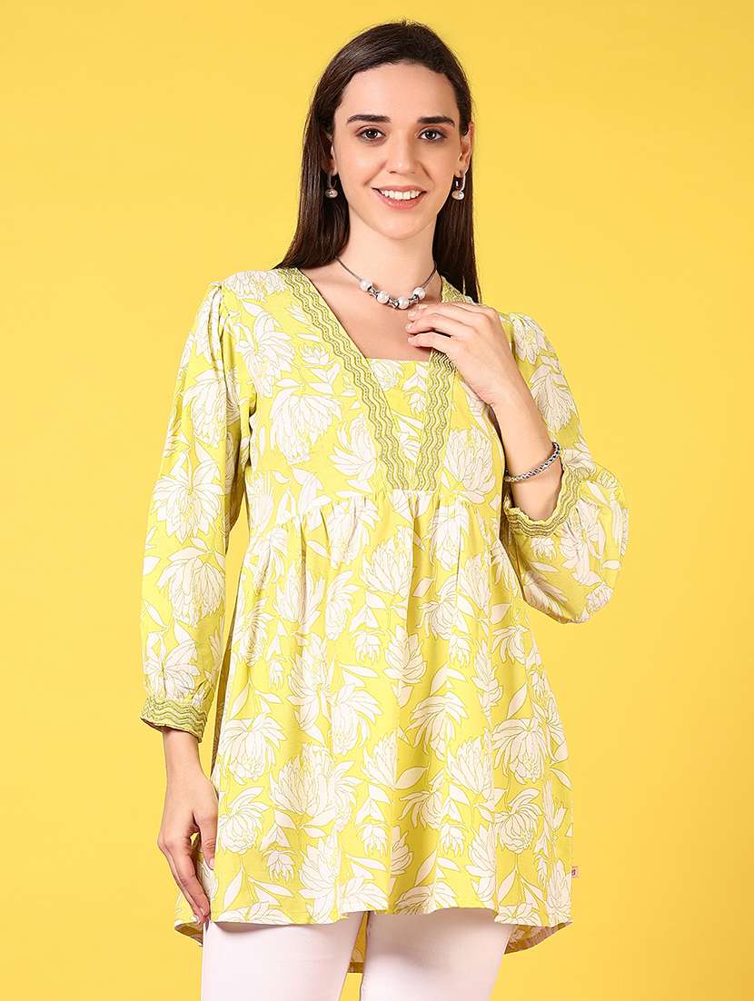 women floral printed three quarter sleeve flared kurti