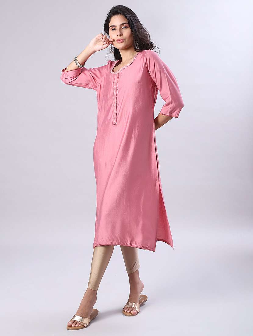 women solid three quarter sleeve straight kurta - 22168293 -  Standard Image - 3