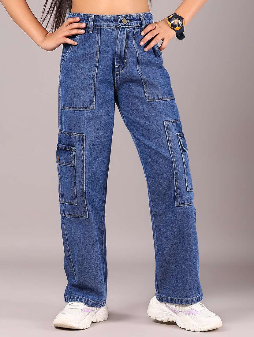 girls solid mid rise straight fit cargo