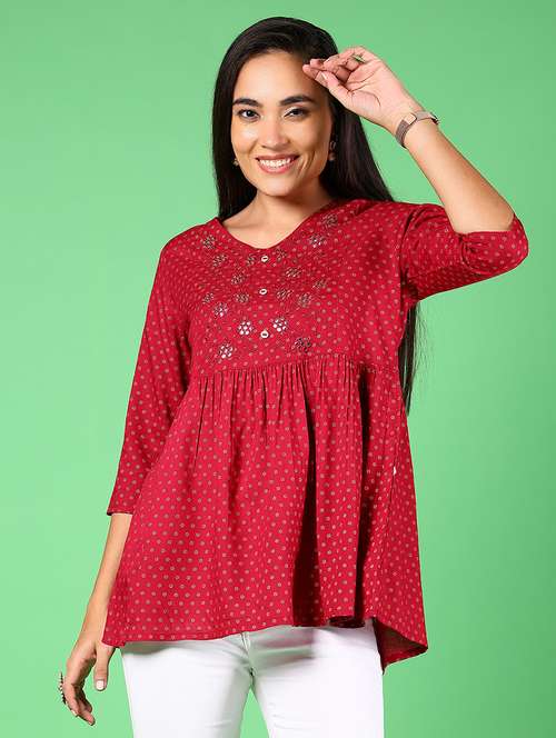 women printed three quarter sleeve flared kurti - 22168675 -  Standard Image - 0