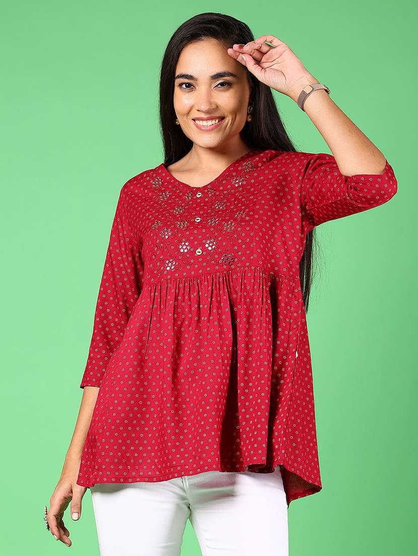 women printed three quarter sleeve flared kurti