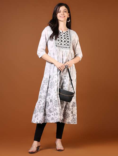 women floral printed three quarter sleeve tiered kurta - 22168778 -  Standard Image - 0