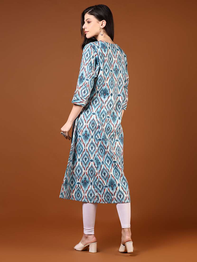 women ikat printed three quarter sleeve a-line kurta - 22168801 -  Standard Image - 3