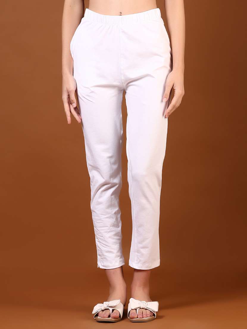 women solid mid rise ankle length tapered pant