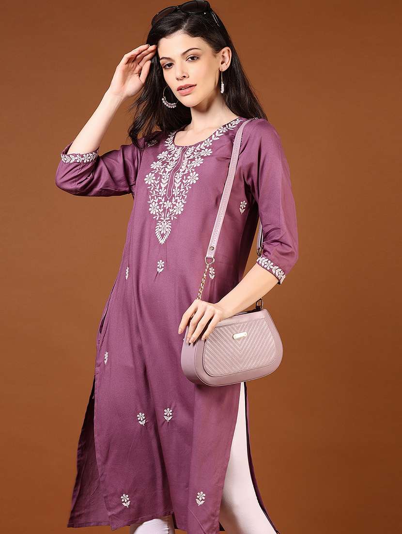 women solid with work three quarter sleeve straight kurta - 22169154 -  Zoom Image - 0