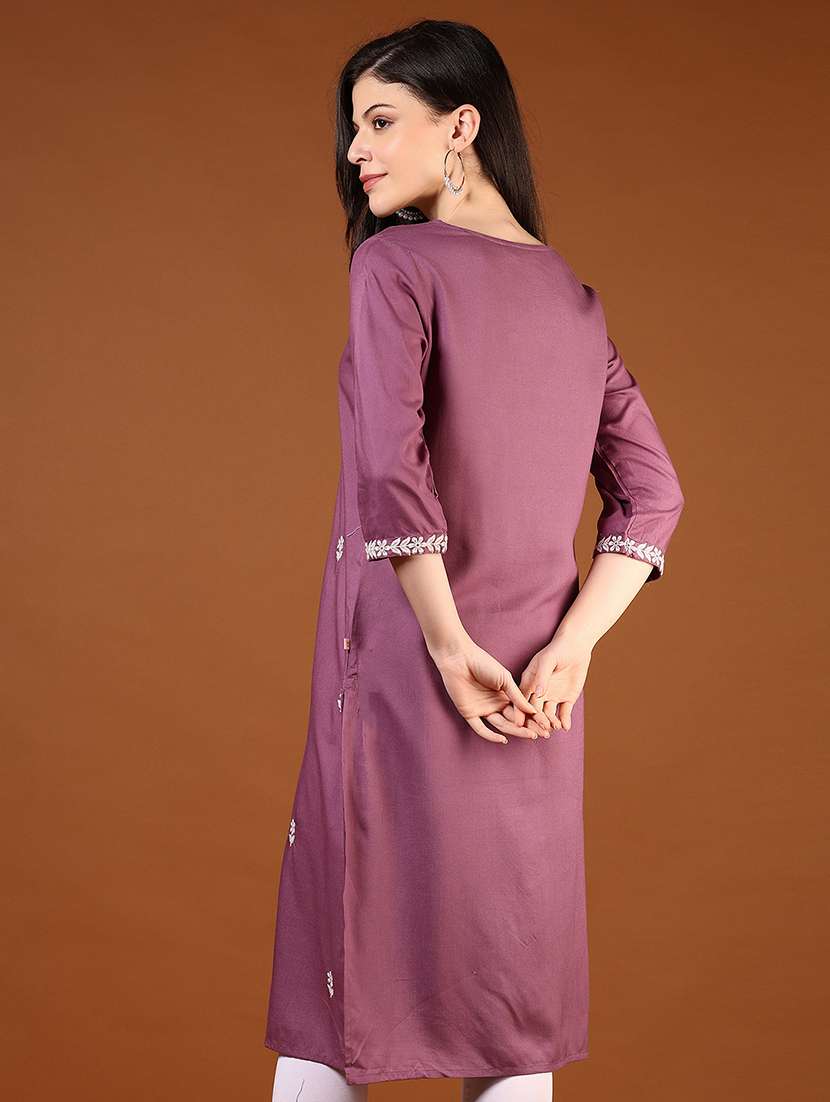 women solid with work three quarter sleeve straight kurta - 22169154 -  Standard Image - 3