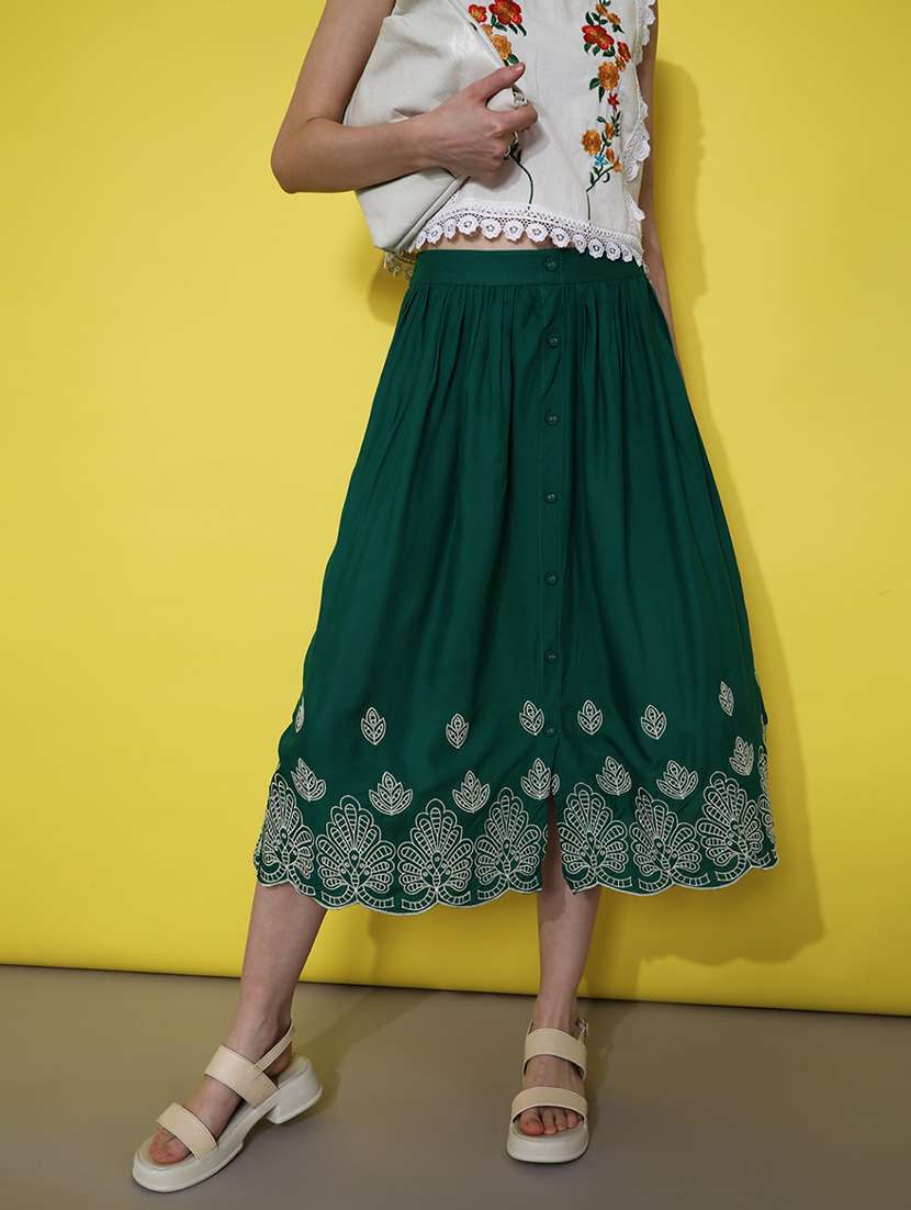 women solid with work mid rise rise flared skirt