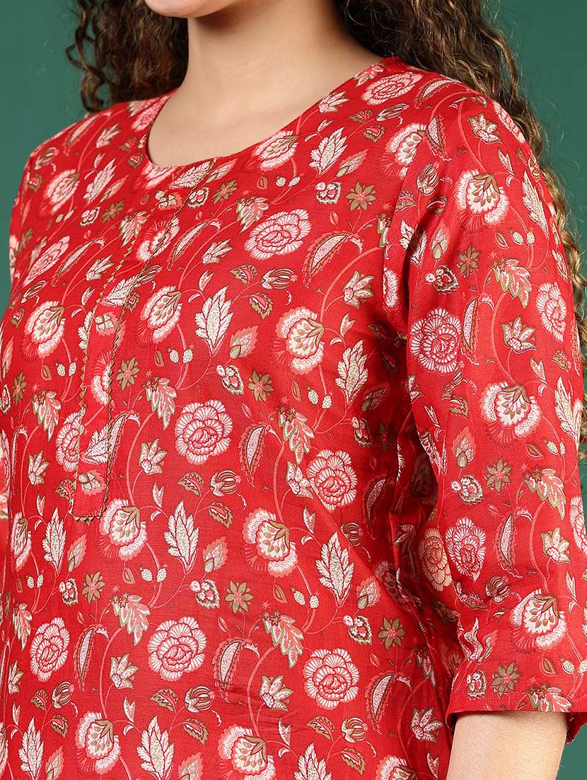 women floral printed three quarter sleeve straight kurta - 22169313 -  Standard Image - 5