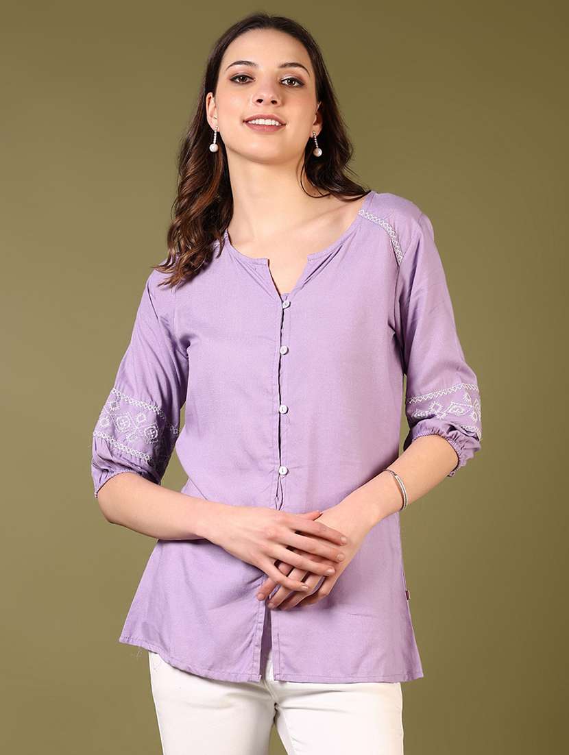 women solid with work three quarter sleeve a-line kurti