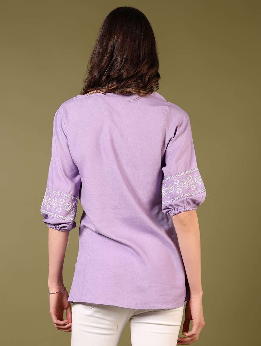 women solid with work three quarter sleeve a-line kurti - 22169617 -  Standard Image - 3