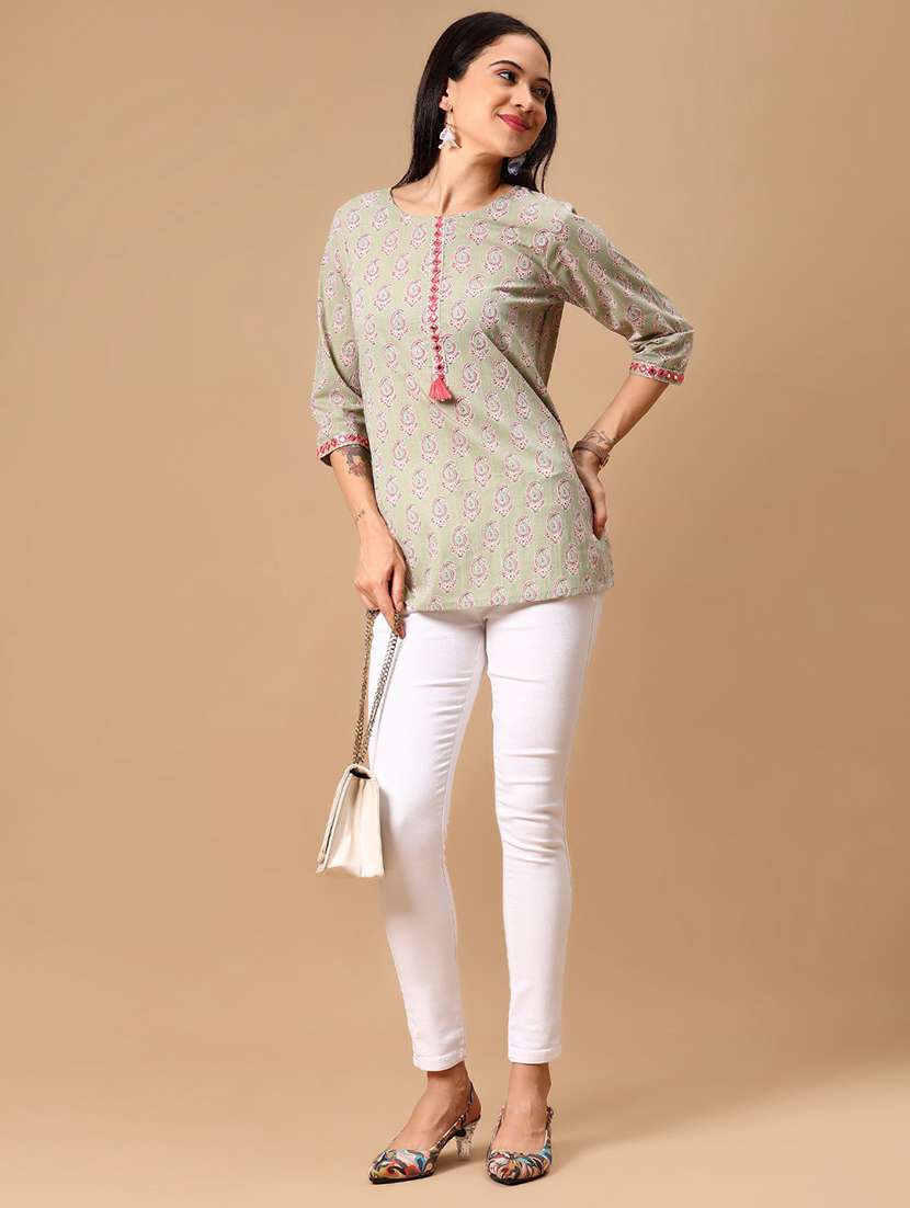 women paisley printed three quarter sleeve straight kurti - 22169845 -  Standard Image - 3