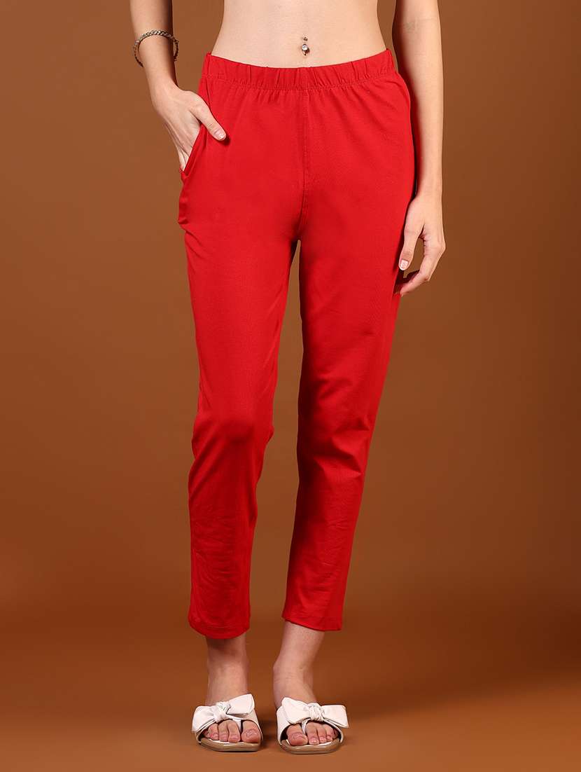 women solid mid rise ankle length tapered pant