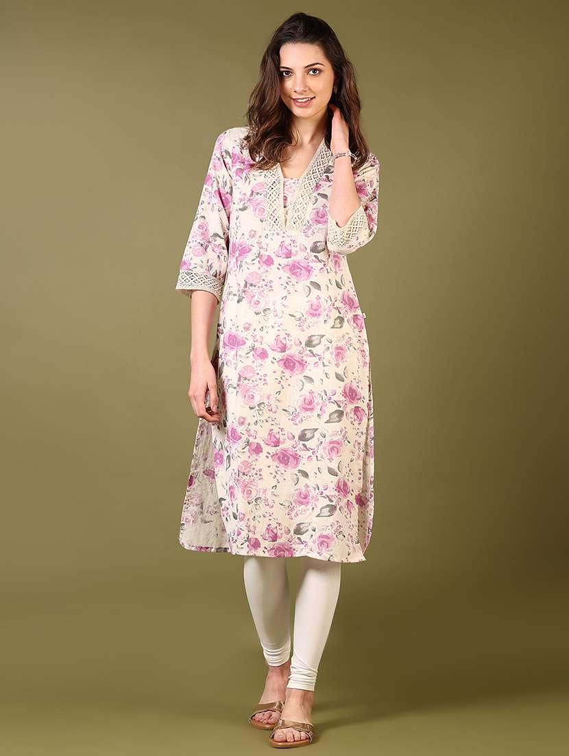 women floral printed three quarter sleeve straight kurta - 22170007 -  Standard Image - 3